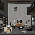 Spacious Duplex Living Room With Built-in Bookshelves Cozy Sofa Sunlight And Large Windows