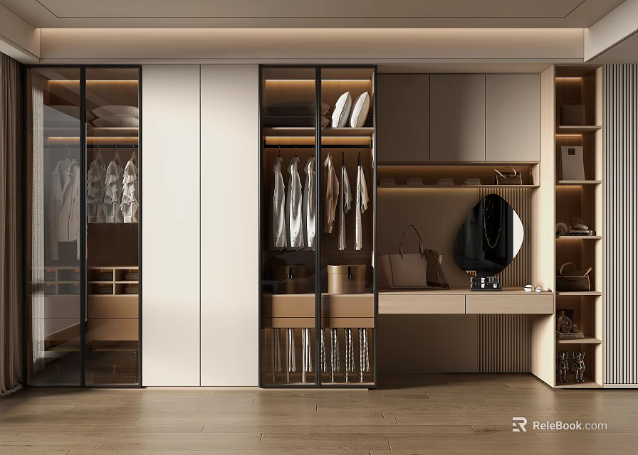 Modern Walk in Closet Interior With Glass Door Cabinets Hanging Clothes Dressing Table And Mirror 3d model 