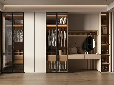 Modern Walk in Closet Interior With Glass Door Cabinets Hanging Clothes Dressing Table And Mirror 3d model