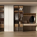 Modern Walk in Closet Interior With Glass Door Cabinets Hanging Clothes Dressing Table And Mirror