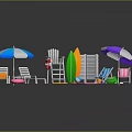 Colorful Beach Equipment Collection Featuring Umbrellas Lounge Chairs Surfboards And Mats