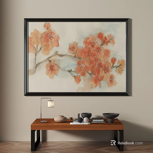 Watercolor Floral Painting With Orange Blossoms On Branches As Wall Art 3d model 