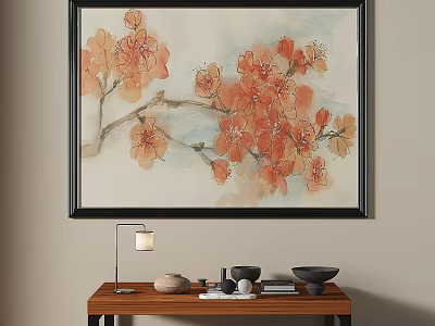 Watercolor Floral Painting With Orange Blossoms On Branches As Wall Art 3d model