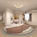 Modern Bedroom Interior Design With Arched Details Chandelier Floral Painting And Cozy Bed