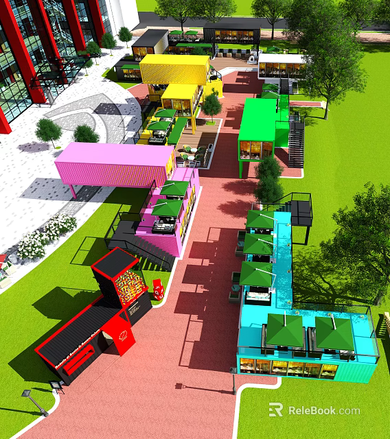Vibrant Commercial Street Featuring Colorful Container Shops Outdoor Seating Green Umbrellas And Lush Greenery 3d model 