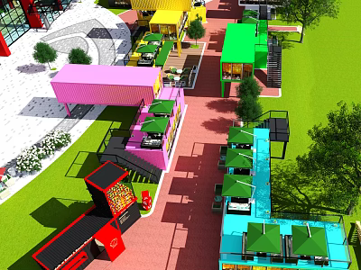 Vibrant Commercial Street Featuring Colorful Container Shops Outdoor Seating Green Umbrellas And Lush Greenery 3d model