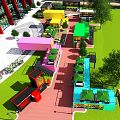 Vibrant Commercial Street Featuring Colorful Container Shops Outdoor Seating Green Umbrellas And Lush Greenery