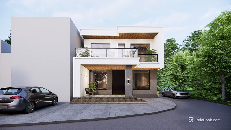 Modern Two Story Single Family House With Driveway Greenery And Front Balcony Design 3d model 