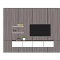 Purple Wooden Panel TV Wall with Black Screen White Cabinet and Decor Shelves