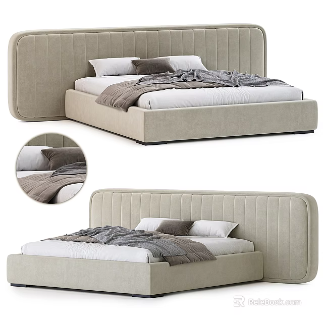 Modern Beige Double Bed with Upholstered Vertical Tufted Headboard White Sheets and Gray Blankets 3d model