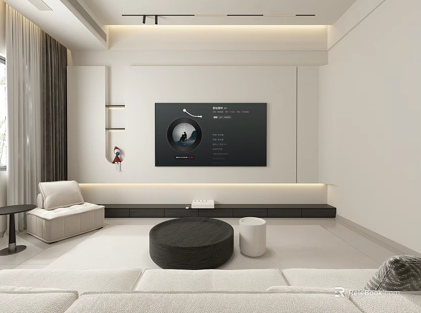 Modern Minimalist Cream Tone Living Room With Warm Ambient Lighting And Comfortable Soft Furniture 3d model 