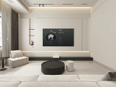 Modern Minimalist Cream Tone Living Room With Warm Ambient Lighting And Comfortable Soft Furniture 3d model