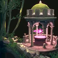 Cartoon Fantasy Forest Scene with Glowing Pink Dome Pavilion Stone Path and Trees