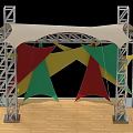Outdoor Event Stage Setup With Metal Truss Canopy And Colorful Banners On Wooden Platform