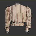 Vintage Beige Red Striped Blouse With Puffed Sleeves Button Front And Stand Collar