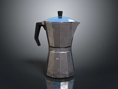 Shiny Silver Moka Pot With Black Handle On Reflective Surface 3d model