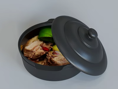 Black Cooking Pot As Kitchen Appliance With Open Lid Containing Meat Lime And Chili Ingredients 3d model