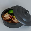 Black Cooking Pot As Kitchen Appliance With Open Lid Containing Meat Lime And Chili Ingredients