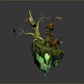 Enchanted Treehouse Building On Floating Island With Withered Tree Small Flag And Green Glowing Crystals