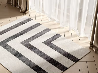 Square Rug With Black And White Stripes On Wooden Floor Near Curtains 3d model