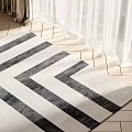 Square Rug With Black And White Stripes On Wooden Floor Near Curtains