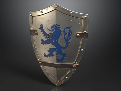 Medieval Style Steel Knight Shield With Blue Rampant Lion Heraldic Emblem For Retro Home Decoration 3d model
