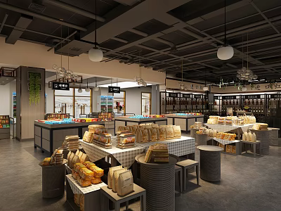 Modern Supermarket Department Store Interior With Bread Display Tables Shelves And Lighting 3d model