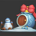 Festive Blue Decorative Building With White Patterns Brown Wooden Door Red Bow And Snowman Figure