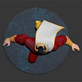 Game Movie Character in Red and Yellow Costume with Cape Jumping on Blue Glowing Base