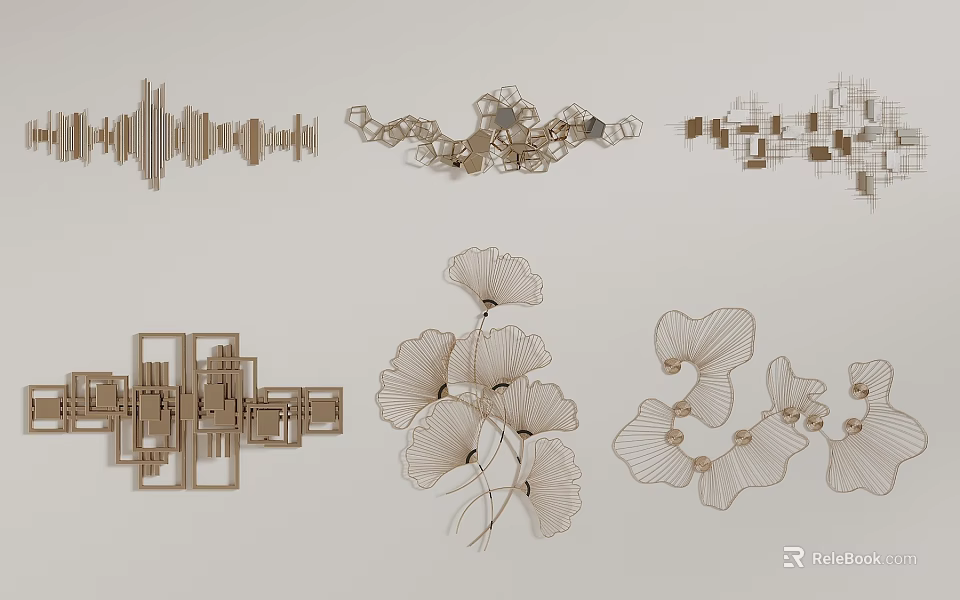 Modern Metal Wall Hangings With Geometric And Plant Leaf Designs For Home Decor 3d model 