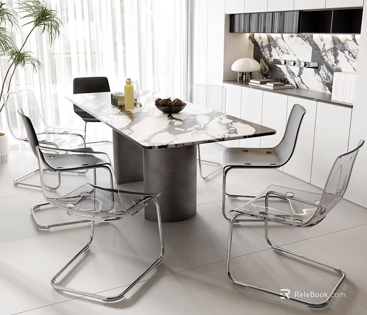 Modern Dining Table Set With Marble Top Transparent Chairs And Metal Base 3d model
