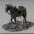 Brown White Horse With Decorative Saddle Blue Blanket Standing On Snowy Ground Dry Grass