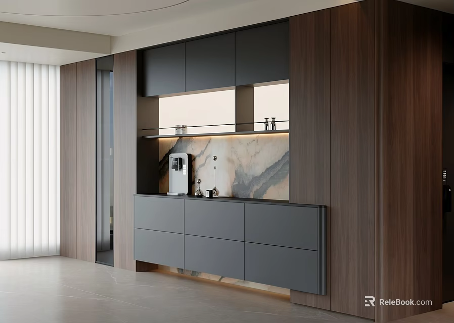 Modern Sideboard Interior Design With Gray Drawers Wooden Panels And Marble Countertop 3d model 
