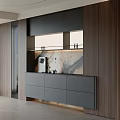 Modern Sideboard Interior Design With Gray Drawers Wooden Panels And Marble Countertop