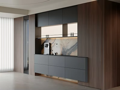 Modern Sideboard Interior Design With Gray Drawers Wooden Panels And Marble Countertop 3d model