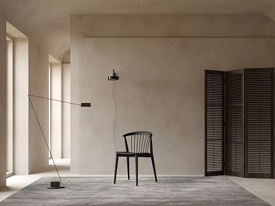 Black Single Chair In Beige Interior With Floor Lamp Dark Louvered Doors And Gray Carpet 3d model