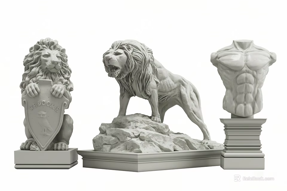 Decorative Rockery Stones Base Supporting Standing Classical Lion Sculpture And Ornamental Details 3d model 