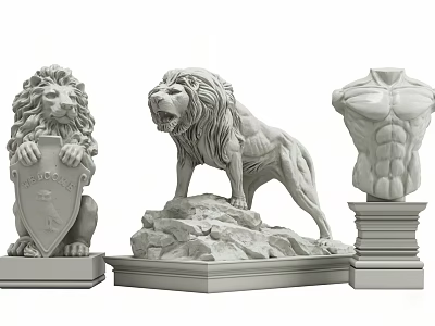 Decorative Rockery Stones Base Supporting Standing Classical Lion Sculpture And Ornamental Details 3d model