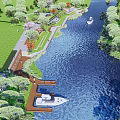 Scenic Park Landscape Along Waterfront With Boats Pathway Lawns Trees And Benches