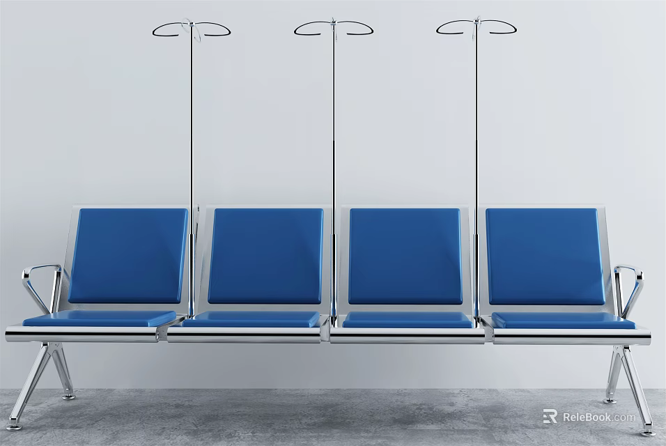 Blue Upholstered Public Chairs with Metal Frames and IV Stands in Medical Waiting Area 3d model 