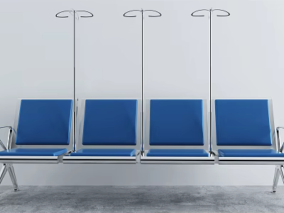 Blue Upholstered Public Chairs with Metal Frames and IV Stands in Medical Waiting Area 3d model