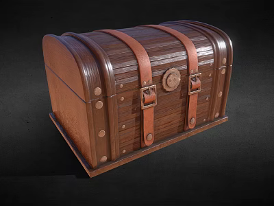 Vintage Brown Wooden Chest With Leather Straps Metal Buckles And Domed Lid 3d model