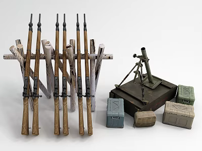 Green Gray And Brown Military Boxes With Wooden Rifle Rack And Tripod Telescope 3d model