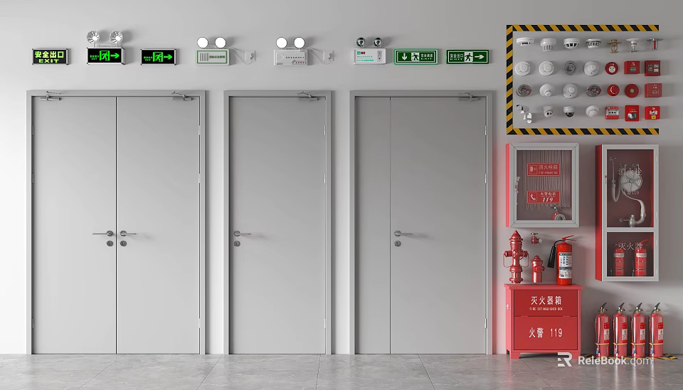 Fire Safety Equipment Setup With Three Fire Doors Emergency Indicators And Fire Extinguishers 3d model