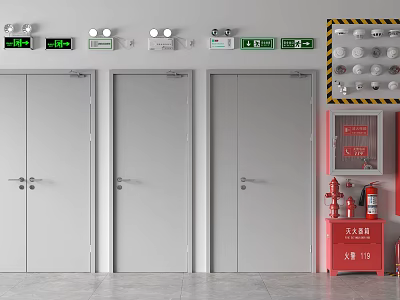 Fire Safety Equipment Setup With Three Fire Doors Emergency Indicators And Fire Extinguishers 3d model
