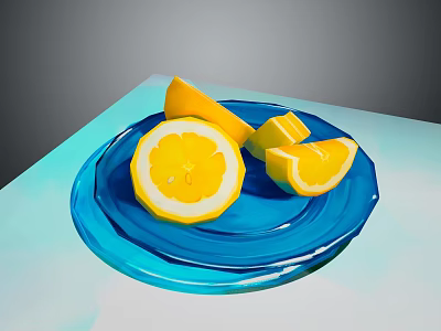 Fresh Sliced Lemon on a Blue Glass Plate with Juicy Segments 3d model