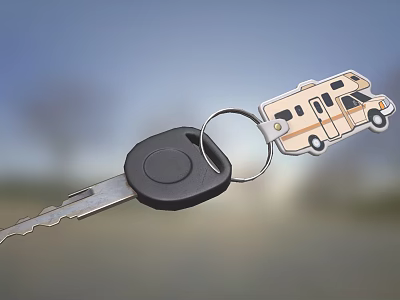 Metal Car Key with Black Head and RV Shaped Keychain on Key Ring 3d model
