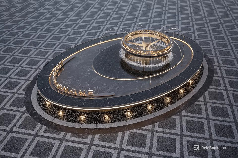 Circular Decorative Water Fountain With Illuminated Lights And LEHOME Sign On Checkered Floor 3d model 
