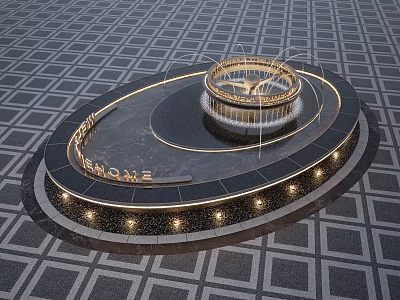 Circular Decorative Water Fountain With Illuminated Lights And LEHOME Sign On Checkered Floor 3d model