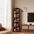 Rotating Wooden Bookshelf In Living Room With Books Decor Near TV Stand And Window Blinds